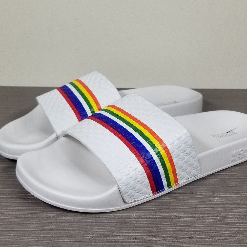 Michael Kors Gilmore Slide Sandals, White Rainbow Leather, Womens Size 8